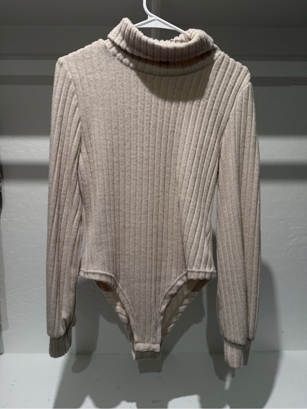 Ribbed Turtleneck Bodysuit Sweater in Beige